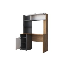 Escritorio-Librería de Melamina, Gris Oscuro-Blanco-Natural, 117x46x160 cm, Mueble Versátil para Oficina o Estudio.